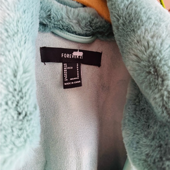 Forever 21 faux fur suede turquoise green long trench coat jacket - Picture 4 of 6